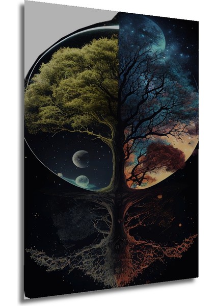 Yıldızlı Gökyüzü ve Hayat Ağacı Yağlı Boya Görünümlü Ahşap Dekoratif Tablo Dikdörtgen Tablo fırsatları