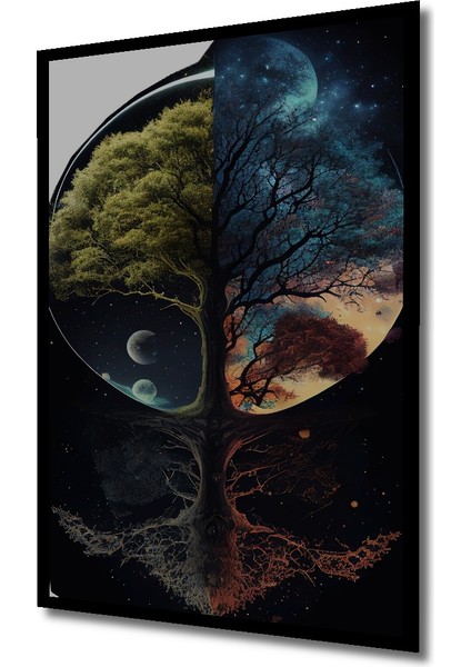 Yıldızlı Gökyüzü ve Hayat Ağacı Yağlı Boya Görünümlü Ahşap Dekoratif Tablo Dikdörtgen Tablo indirimleri