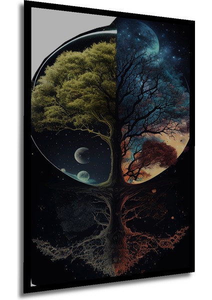 Yıldızlı Gökyüzü ve Hayat Ağacı Yağlı Boya Görünümlü Ahşap Dekoratif Tablo Dikdörtgen Tablo