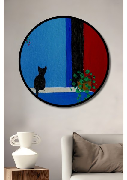 Mavi Evin Kara Kedisi Yağlı Boya Görünümlü Ahşap Dekoratif Tablo Yuvarlak Tablo fiyatları