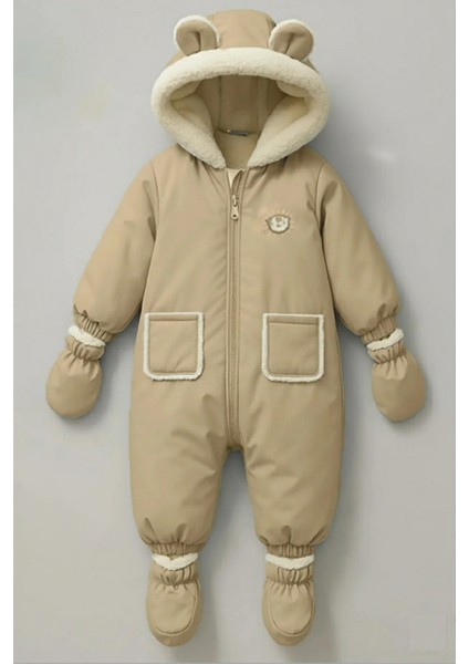 Sevimli Bear Soft Kumaş Içi Kürklü-Kapüşonlu-Cepli-Su Itici Bebek-Çocuk Astronot-Kozmonot Tulum