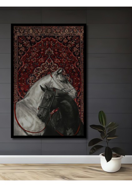 Karalar ve Beyaz Atlar Kara Kalem Görünümlü Ahşap Dekoratif Tablo Dikdörtgen Tablo fiyatları