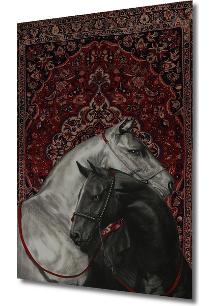 Karalar ve Beyaz Atlar Kara Kalem Görünümlü Ahşap Dekoratif Tablo Dikdörtgen Tablo modelleri