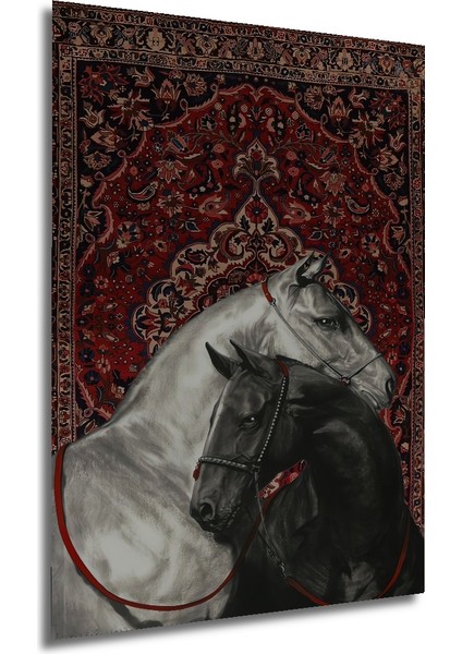 Karalar ve Beyaz Atlar Kara Kalem Görünümlü Ahşap Dekoratif Tablo Dikdörtgen Tablo fırsatları