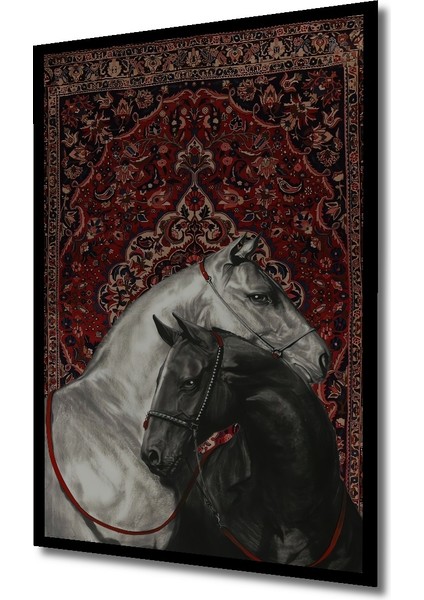 Karalar ve Beyaz Atlar Kara Kalem Görünümlü Ahşap Dekoratif Tablo Dikdörtgen Tablo indirimleri