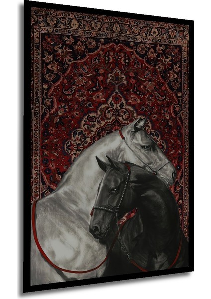 Karalar ve Beyaz Atlar Kara Kalem Görünümlü Ahşap Dekoratif Tablo Dikdörtgen Tablo