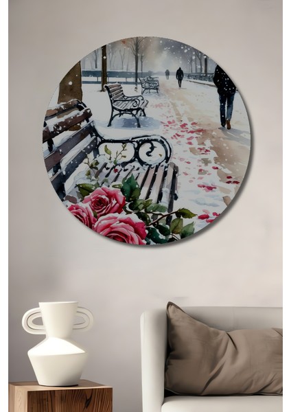 Kış Gülü Romantizmi Sulu Boya Görünümlü Dekoratif Ahşap Tablo Yuvarlak Tablo