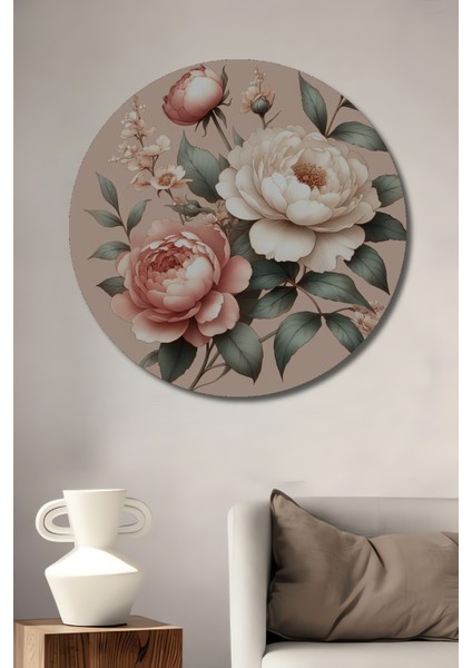 Romantik Gül Bahçesi Yağlı Boya Görünümlü Dekoratif Ahşap Tablo Yuvarlak Tablo