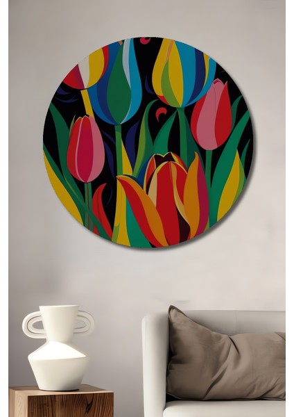 Canlı Renklerde Lale Desenli Yağlı Boya Görünümlü Modern Sanat Dekoratif Ahşap Tablo Yuvarlak Tablo