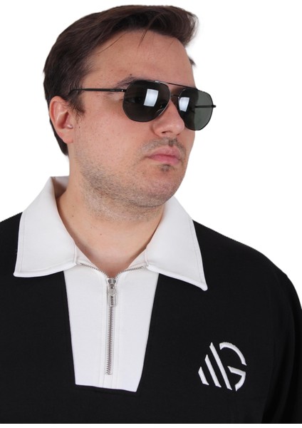 Mocgrande Büyük Beden Polo Yaka Fermuarlı Sweat Double Face 25709 Sıyah modelleri