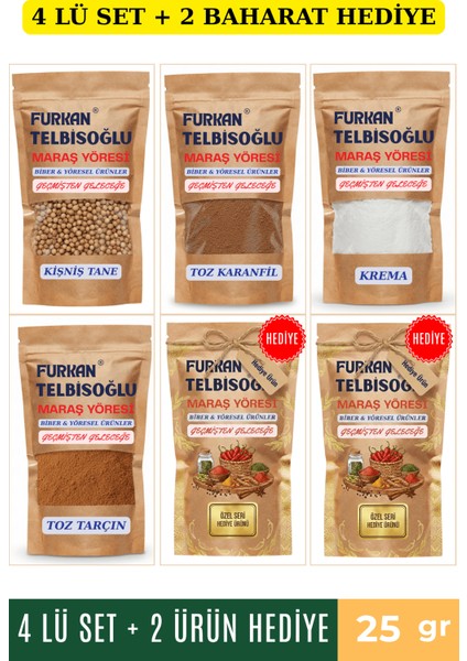 Kişniş Tane 25GR + Karanfil Toz 25GR + Toz Tarçın 25GR + Krema 25GR + 2 Baharat Hediye