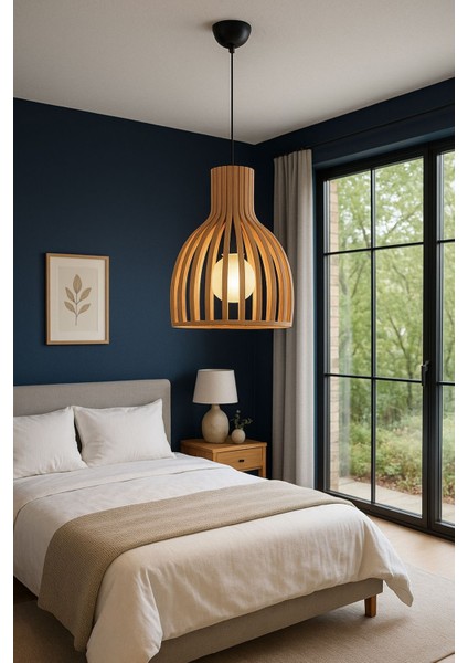 Portofino Yuvarlak Modern Klasik Rustik Retro Vintage Naturel Dekoratif Ahşap Çıtalı Sarkıt Avize