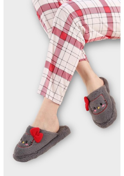 Hellokitty Figürlü Sıcak Tutan Kışlık Kadın Ev Terliği Füme - Kırmızı modelleri