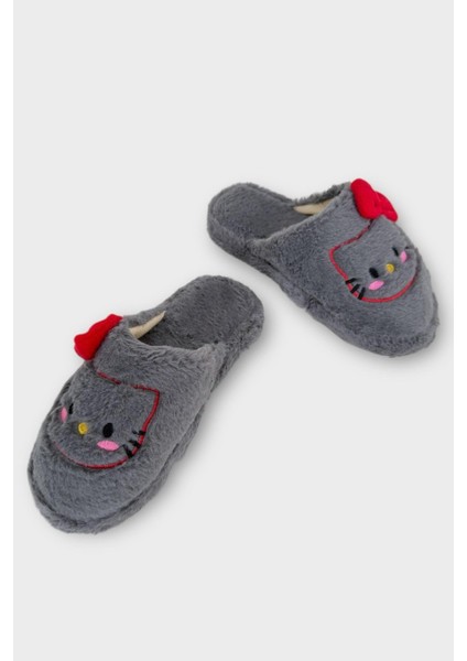 Hellokitty Figürlü Sıcak Tutan Kışlık Kadın Ev Terliği Füme - Kırmızı