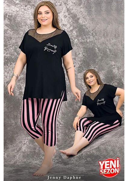 Lady Büyük Beden Çizgili Tül Detaylı Yaka Kısa Kollu Uzun Kapri Pijama Takımı fiyatları