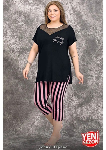 Lady Büyük Beden Çizgili Tül Detaylı Yaka Kısa Kollu Uzun Kapri Pijama Takımı modelleri