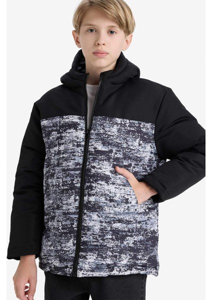 Erkek Çocuk Su İtici Kapüşonlu Fermuarlı Şişme Mont E7418A825WN