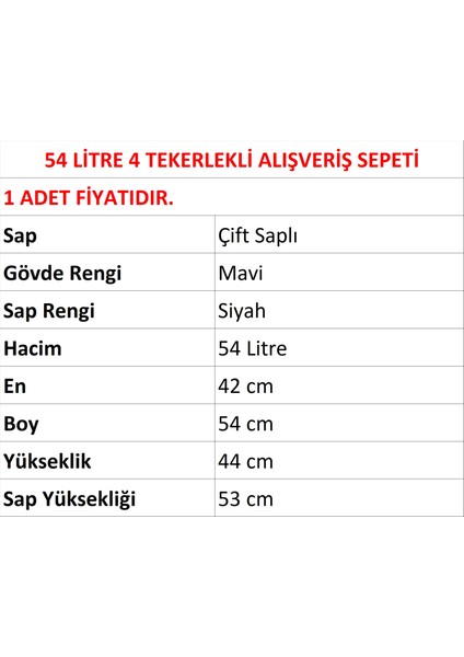 Tekerlekli Plastik Market Alışveriş El Sepeti 54 Litre Mavi 1 Adet fiyatları