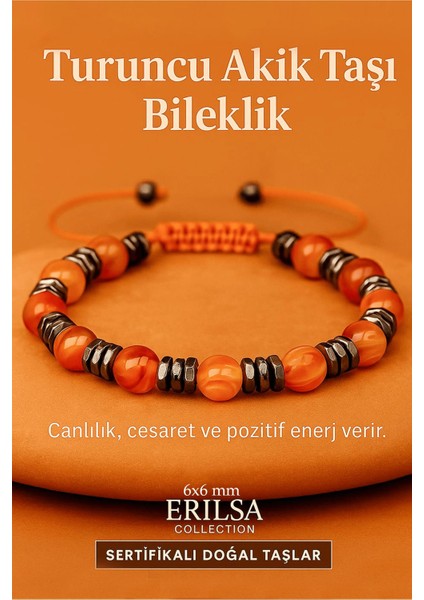 Sertifikalı Turuncu Akik Taşı Bileklik 6x6 mm – Canlılık, Cesaret ve Motivasyon Taşı