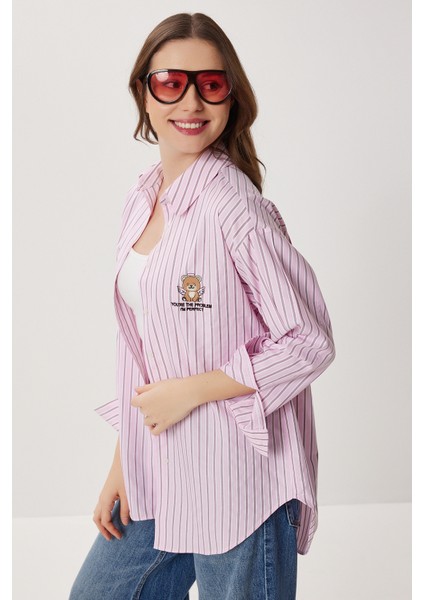 Nakışlı Çizgili Oversize Poplin Gömlek LXA0008 Pembe