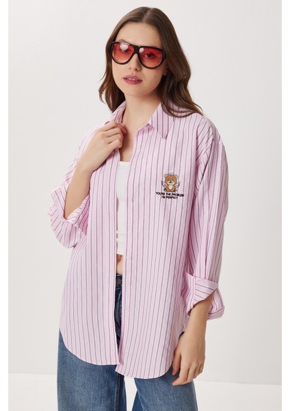 Nakışlı Çizgili Oversize Poplin Gömlek LXA0008 Pembe fiyatları