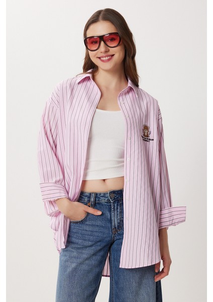 Nakışlı Çizgili Oversize Poplin Gömlek LXA0008 Pembe modelleri