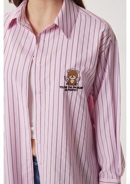 Nakışlı Çizgili Oversize Poplin Gömlek LXA0008 Pembe fırsatları