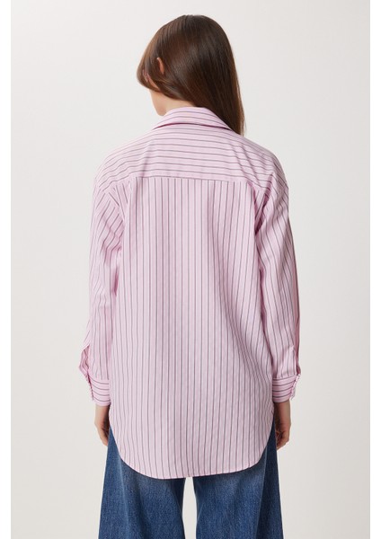 Nakışlı Çizgili Oversize Poplin Gömlek LXA0008 Pembe indirimleri
