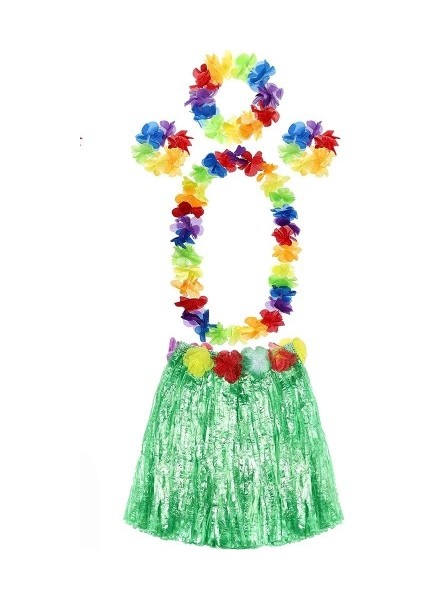 Yetişkin ve Çocuk Uyumlu Luau Aloha Hawaii Yeşil Etek ve Renkli Kolye Taç 2 Adet Bileklik Seti