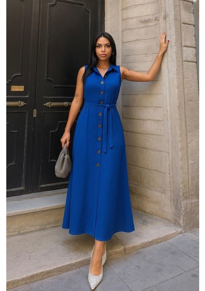 Kadın Düğme Detay Kuşak Dahil Elbise