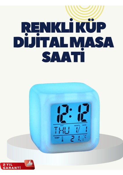 Mtxdpn Termometre ve Takvim Özellikli 7 Renk Değiştiren Küp Alarm Saati
