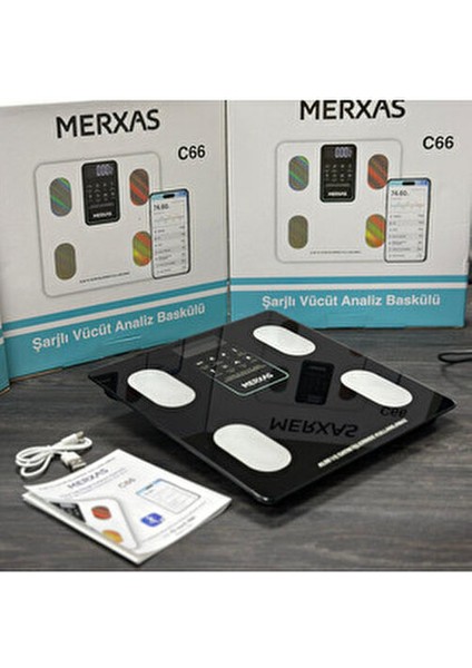 C66 Şarjlı Ekranlı Vücut Yağ Ölçekli Banyo Baskülü Akıllı Bluetooth Şarjlı Tartı Mobil Uygulamalı