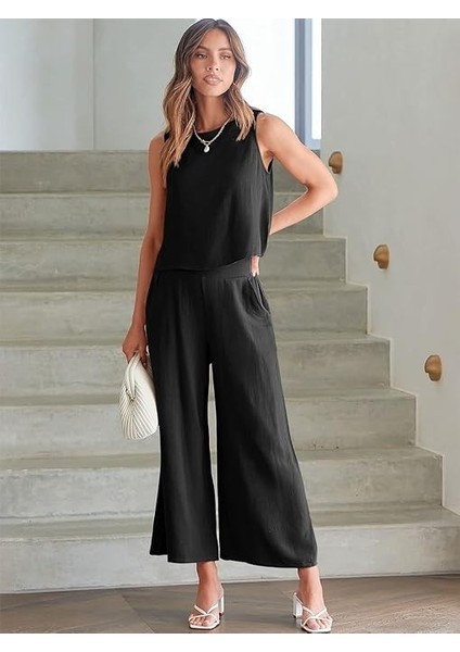 Keten Yazlık Capri Pantolon Sırt Detaylı Kolsuz Ikili Takım