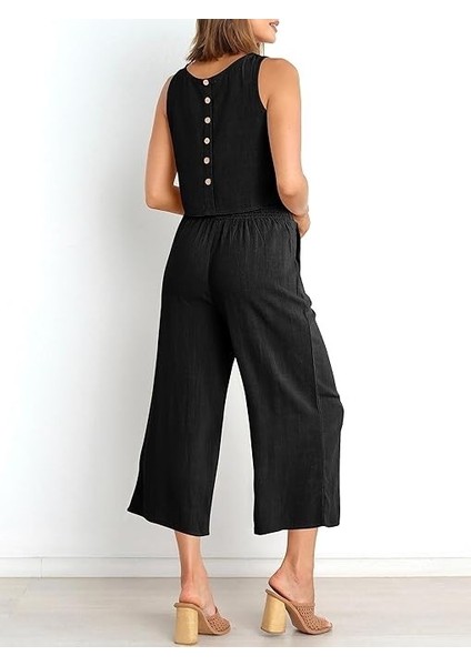 Keten Yazlık Capri Pantolon Sırt Detaylı Kolsuz Ikili Takım