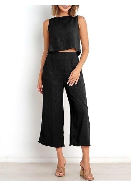 Keten Yazlık Capri Pantolon Sırt Detaylı Kolsuz Ikili Takım