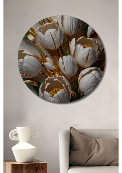 Altın Vurgulu Beyaz Lale Buketi Yağlı Boya Görünümlü Dekoratif Ahşap Tablo Yuvarlak Tablo