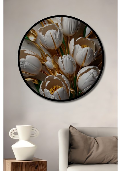 Altın Vurgulu Beyaz Lale Buketi Yağlı Boya Görünümlü Dekoratif Ahşap Tablo Yuvarlak Tablo fiyatları