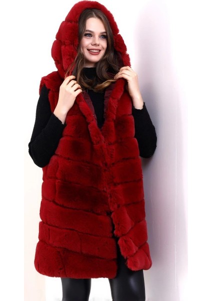Kadın Kapşonlu Peluş Kürk Yelek Premium Kalite, Tam Astarlı, Uzun Model - Kırmızı