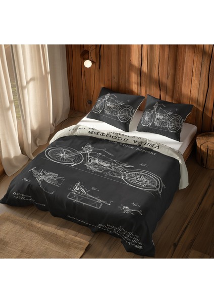 Vespa Ivory & Harley Davidson Model 28b Chalkboard Çift Taraflı Nevresim Takımı - 200 Cm X 220 Cm
