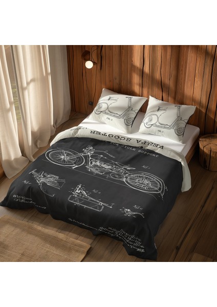 Vespa Ivory & Harley Davidson Model 28b Chalkboard Çift Taraflı Nevresim Takımı - 200 Cm X 220 Cm