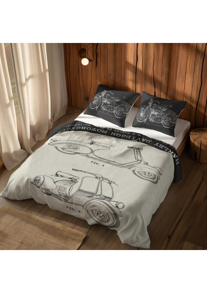 Vespa Ivory & Harley Davidson Model 28b Chalkboard Çift Taraflı Nevresim Takımı - 200 Cm X 220 Cm