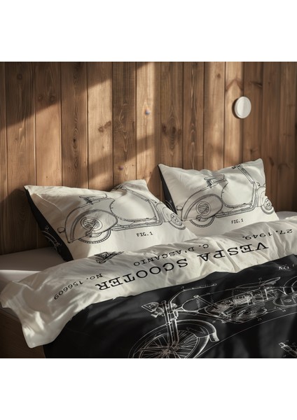 Vespa Ivory & Harley Davidson Model 28b Chalkboard Çift Taraflı Nevresim Takımı - 200 Cm X 220 Cm