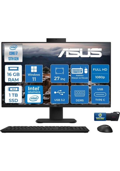 Intelcore I7-13620H 16GB Ram 1 Tb SSD 27''fhd 100HZ 300NITS WİN11 Pro Allınone Bilgisayar+Usb Bellek