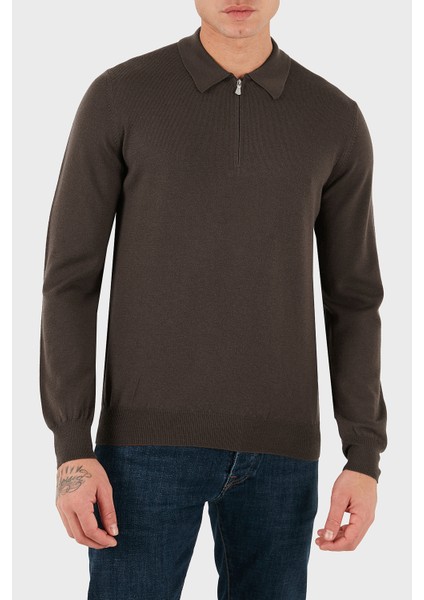 % 100 Yün Regular Fit Yarım Fermuarlı Polo Yaka Kazak Erkek Polo Yaka Kazak 55125 14290 177