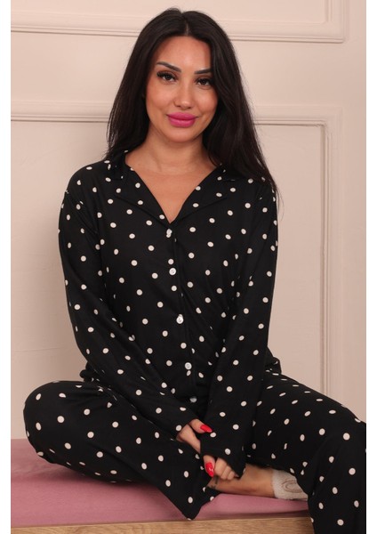 Kadın Puantiye Desenli Önü Düğmeli Uzun Kol Altı Uzun Süet Pijama Takımı fiyatları