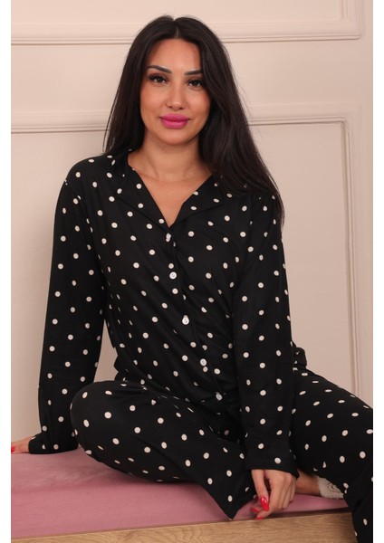 Kadın Puantiye Desenli Önü Düğmeli Uzun Kol Altı Uzun Süet Pijama Takımı fırsatları