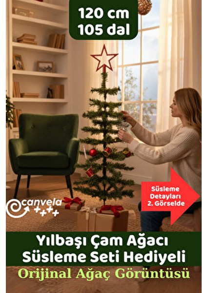 Yılbaşı Çam Ağacı 120 cm Ekonomik Noel Ağacı Sallanmaz Plastik Ayaklı Süsleme Seti ve Işık Hediye