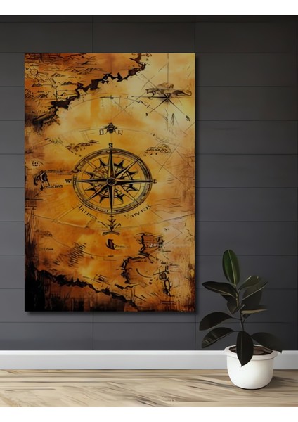 Antik Harita Gülzarı Pusula Sanat Ahşap Dekoratif Tablo Dikdörtgen Tablo