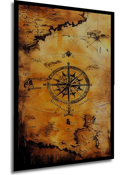 Antik Harita Gülzarı Pusula Sanat Ahşap Dekoratif Tablo Dikdörtgen Tablo