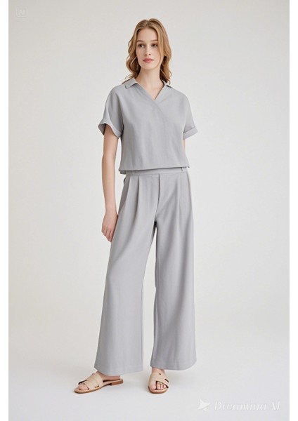 Keten Zarif Kadin T-Shirt ve Uzun Pantolon Alt Üst Ikili Takım V Yaka Kısa Kollu Salaş Rahat Gri Elbise fiyatları